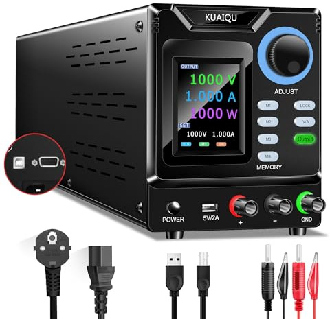 KUAIQU Fuente de Alimentación Regulable Programable 1000V 1A Alto Voltaje Fuente de Alimentación Laboratorio con Software PC/Perilla Codificadora/Memoria/Interruptor de Salida y Botón de Bloqueo