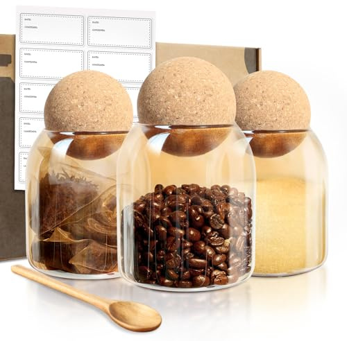 ceelatti Tea Coffee Sugar Canisters Set of 3, 500ML Glass Jars with Cork Ball Lids and Wood Spoons, Storage Jars with 10 Blank Labels for Spice Bath Salt Coffee Bean Candy DIY Decor Organiser, Amber