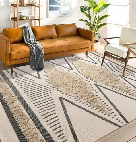 INKAROBOX Tappeto in cotone trapuntato, lavabile con nappe, geometrico, shag, per lavanderia/camera da letto (beige, 120 x 180 cm)