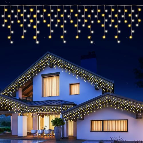 Opard Weihnachts Eiszapfen Lichterkette Außen, 12.8m (7.8m+5m) 200 LED mit 11 Beleuchtungsmodi, Speicher- & Timerfunktion, Wasserdichte Zweifarbige Weihnachtsbeleuchtung für Deko Balkon Partys Haus