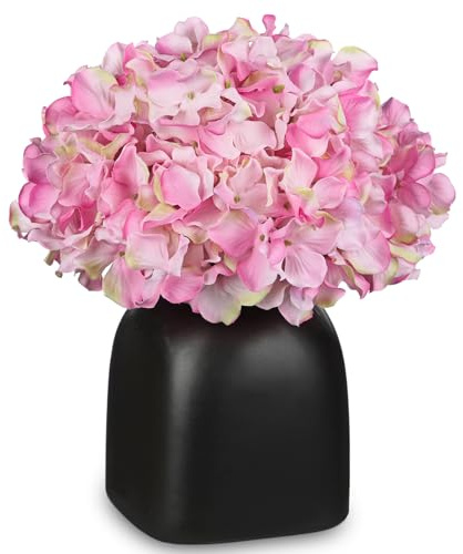 Fleurs artificielles comme de véritables hortensias roses décoratives avec baies dans un vase en céramique noire pour bureau, salon, salle de bain, décoration d'automne