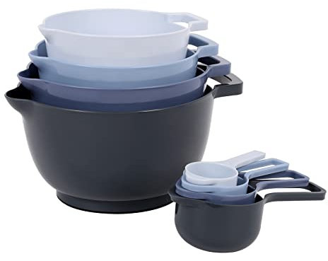 BoxedHome 8er-Set Rührschüssel,Blau Kunststoff Salatschüssel rutschfest, Multifunktionsmisch schüssel, Servierschalen für Küche 8-teiliges(4 Rührschüsseln mit 4 Messlöffel),Blau