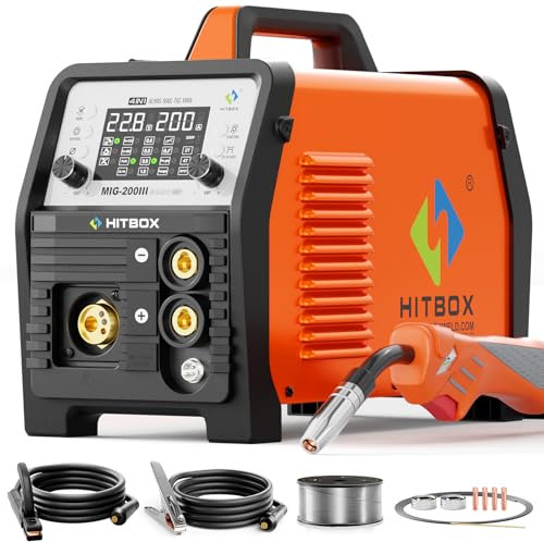 HITBOX MIG Welder 240V, 200Amp 7 in 1 Gas MIG/Gasless MIG/Stick/Lift TIG/Spot Welding/Spool Gun Aluminum Welder Machine, Multi Process Synergy Welding Machine with LED Display Pre/Post Gas(MIG200III)