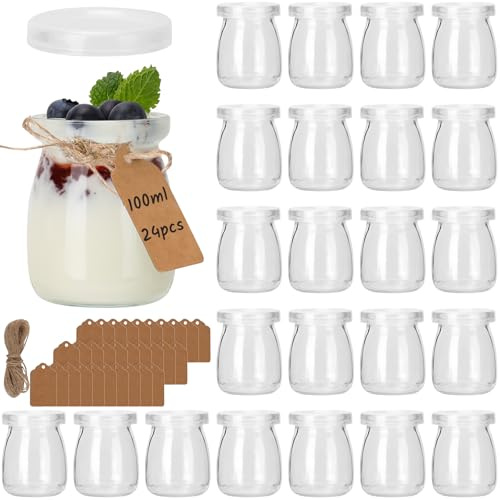 CulnCraz 100 ml Joghurtgläser mit luftdichten Deckeln, 24 Pack Transparente Dessertgläser, Kleine Marmeladengläser mit Etikett und Schnur, Puddinggläser für Gelee, Honig, Tiramisu, Mousse, Müsli