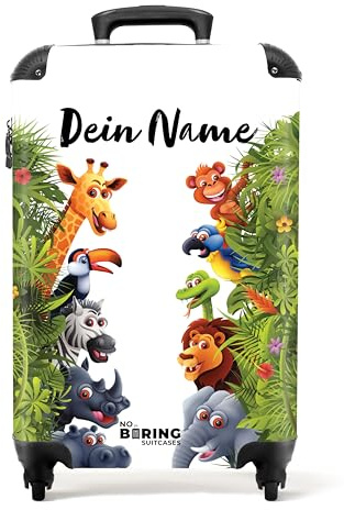 NoBoringSuitcases© Valise Enfant, Valise Cabine, Valise Cabine Enfant, | 55x35x25 cm - Bagages Enfant, Valise Enfant Roulette, Petite Valise Personnalisable (Animaux de la jungle - Vert et blanc)