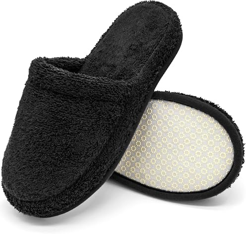 Lyxiga Memory Foam Tofflor – 100 % Frotté i Bomull – Halkfria, Stängd Tå, Tvättbara – För Kvinnor & Män – Perfekta för Hemmet, Spa, Bastu & Hotell – Svart, 38-42, BL-1