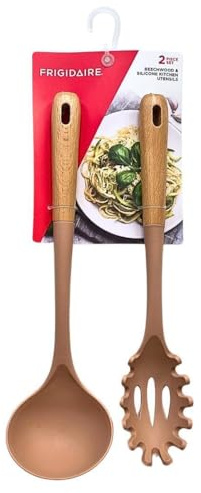 Frigidaire Juego de 2 utensilios de silicona de madera de haya, cucharón grande para sopa, tenedor grande para pasta, resistente al calor, utensilios de cocina con mango de madera (rosa)