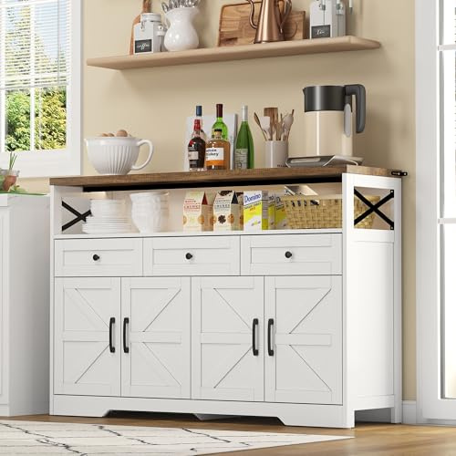 Merax Küchenschrank Buffetschrank, Esszimmer Sideboard 140cm mit Stauraum, Buffet-Anrichte mit 3 Schubladen, Konsole im rustikaler Stil mit Türen, für Küche, Wohnzimmer, Diele, weiß, 140x35x95 cm