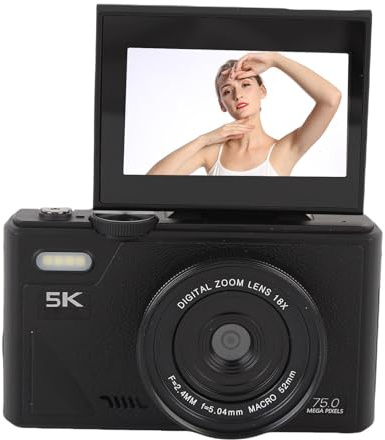 5K Digitalkamera för Fotografering, 75MP Vlogging Camera med 180 ° Flip 3 -skärm, 18x Zoom Autofocus, Anti Shake Video Cameras för Selfie -resor (Svart)