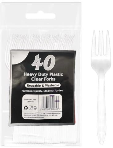 Party2u ® 40 Premium Designer Crystal Clear Forks, Heavy Duty, Microwave-Safe Solid Tablefork, 6 Long Cutlery Sets Reusable, Washable