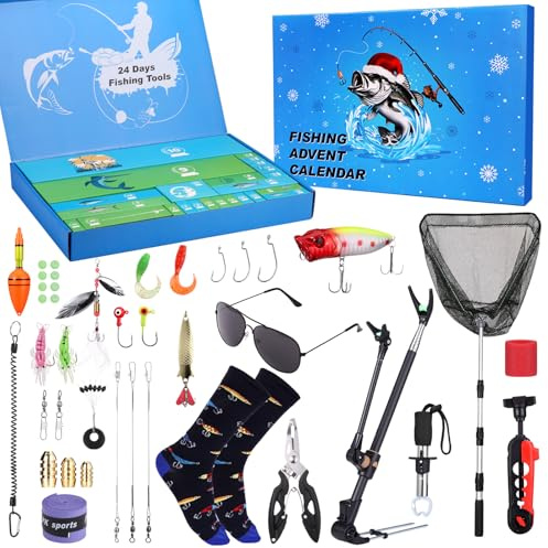 LIHAO Calendrier de L'Avent Pêche Pecheur Homme 2025, 24 Accessoires de Pêche avec Hameçon, Support Télescopique, Filet de Pêche, Cadeau Noel Pour Papa Grand-Père Mari Oncle