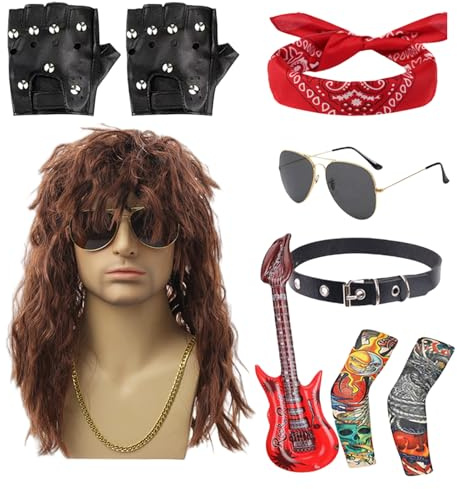 Rrlihjgu Rocker Costume - Metal Disco Cosplay Clothes,Punk Style Outfit with Sunglasses Wig for Outdoor Party Beach Holiday Musical Festival Stage Performance Halloween Events