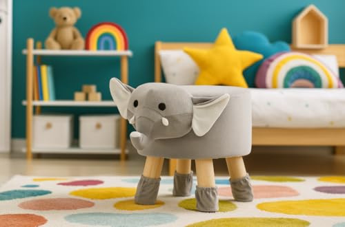 MIKONI Kinderhocker Elefant Sofa - Bequemer Hocker in Samtstoff - Polstermöbel Pouf für Kinderzimmer - Sitzhöhe 25 cm (Elefant)