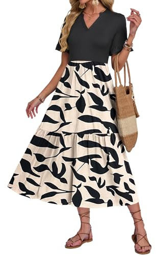 AUSELILY Vestito Lungo Estivo Donna Manica Corta a Volant Scollo V Vestito da Mare Spiaggia Lungo Abito Casual Elegante con Tasche Foglia Nera/Nero XXL