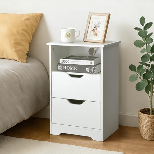 LEADZM Nachttisch Nachttische mit Ladestation, 40x30x60cm Weiß | Beistelltisch mit 1 offenem Fach und 2 Schublade, Nachtschrank für Schlafzimmer Wohnzimmer