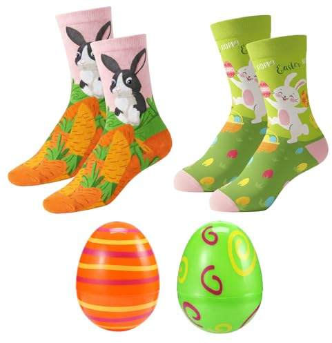 JrnSvp Calcetines de Pascua para mujer, regalos de Pascua, 2 pares de calcetines y 2 huevos de Pascua de colores en el juego de huevos de Pascua con calcetines para niñas, actividades de Pascua y