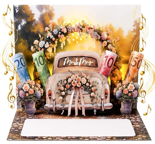 JoliCoon Carte de mariage pop-up 3D avec musique et lumière, avec enveloppe | Compartiments pour billets, sticker cachet doré, espace pour message personnel