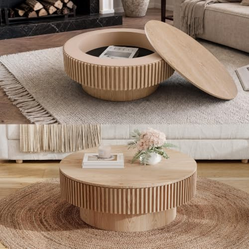 VLIVRA Couchtisch 75cm Rund Wohnzimmertisch mit Stauraum Gerillt, Natur