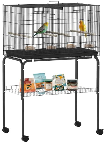 PawHut Cage à Oiseaux Volière Acier Séparateur Perruches 76x46x116cm Noir | Intérieur, 4 Perchoirs, Plateau Coulissant, 4 Mangeoires, Support avec Étagère et roulettes, Canaris, Pinsons