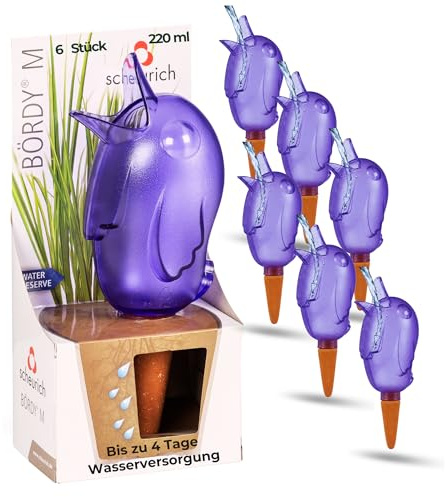 Scheurich Wasserspender Bördy M | 6 x Lila | 220ml Füllmenge | Bewässerungskugel klein mit Ton Fuß | Wasserspender Pflanzen und Blumen Terrakotta Stiel