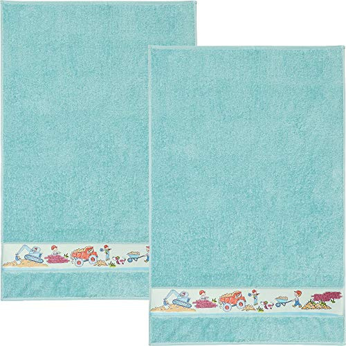 Erwin Müller Walk-Frottier Kinder-Badetuch 2er-Pack mit Baustellen-Bordüre türkis Größe 70x110 cm - schnell trocknend und extra saugstark, mit beidseitige Schlaufen