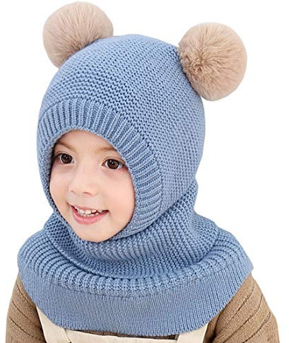 YONKOUNY Kinder Mädchen Wintermütze Warm Niedlich Schlupfmütze mit Bommel Beanie Strickmütze Schalmütze Fleece Mütze (Blau)