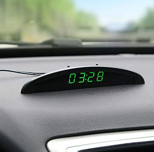 Riloer Reloj de Temperatura del Automóvil, Voltaje del Termómetro del Reloj Digital del Tablero de Instrumentos Automático Universal con Pantalla LCD para el Interior del Automóvil, Verde