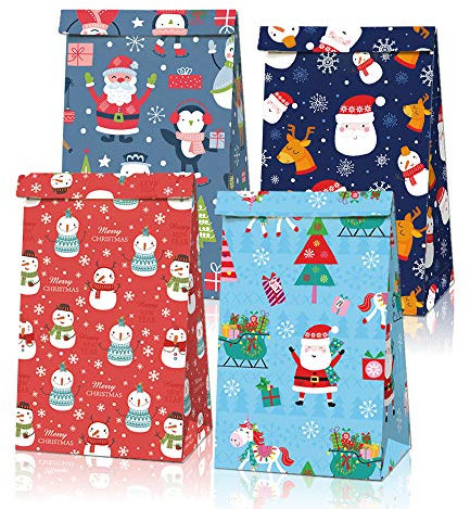 12 Weihnachts-Kraft-Geschenktüten mit verschiedenen Weihnachtsdrucken für Kraft-Weihnachtspapier-Geschenktüten, Weihnachtsgeschenkbeutel, Weihnachtsgeschenkbeutel, Klassenzimmer und Partyartikel