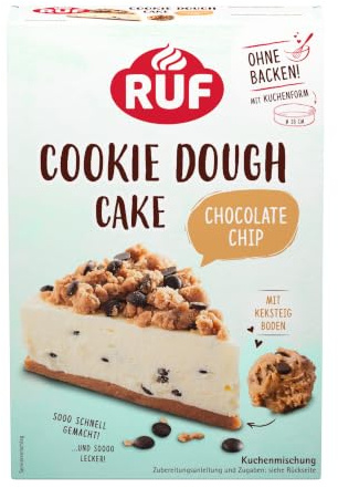 RUF Cookie Dough Cake ohne Backen, Tortenboden aus Keksteig mit Frischkäse-Creme und Schokoladenstückchen, inkl. Kuchenform, 1x325g