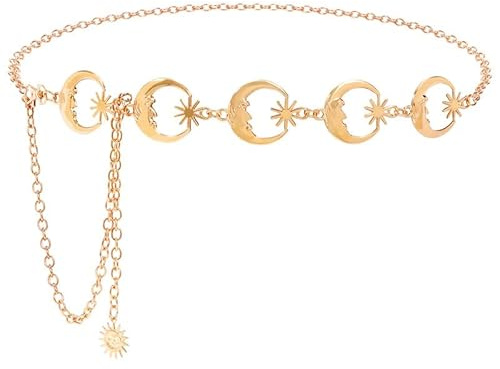 Waist Chain Women Girls Chain Belt Stars Moon Heart Shape O-Ring Waist Chain Metal Link Body Chain Charm Pendant Multiple Fashion Styles Moon Belt, C-Gold, Waist 31 Inches