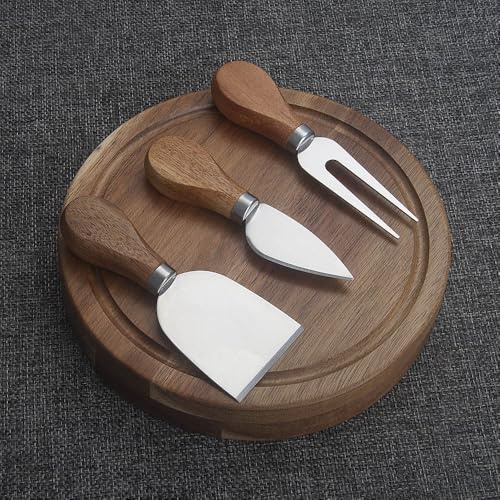 Tungyi Rundes herausziehbares Akazienholz-Käse-Servierbrett und 3-teiliges Käsewerkzeug-Set, 19,1 cm Durchmesser, ideal für Hochzeit, Geburtstag, Weihnachten, Jahrestag, Einweihungsküche
