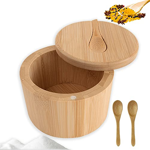 BOJVESH Bamboo Magnetic Swivel Lid Spice Storage Box with 3 Wooden Spoons | 3 Small wooden spoons, Swivel lid design, Store salt, pepper, vanilla and other spices