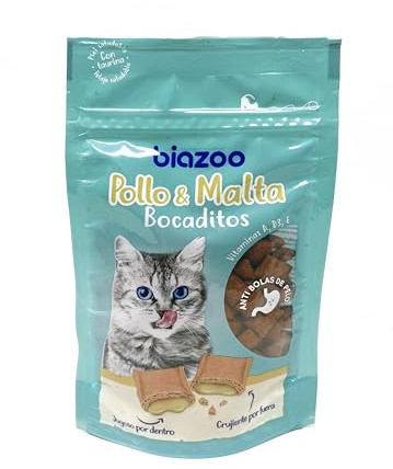 Biazoo | Pack 10 Bolsas - Bocaditos de Pollo y Malta para Gatos 60 gr. Exterior crujiente y Suave por Dentro. Previene Bolas de Pelo. con vitaminas A, D3 y E para el Bienestar General