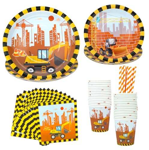 PHOGARY 81 PCS Baustelle Geburtstag Deko, Bagger Geburtstagsdeko Partygeschirr Konstruktion Party Geschirr Set für 16 Gäste, mit pappteller geburtstag, Pappbecher, Tischdecken, Servietten