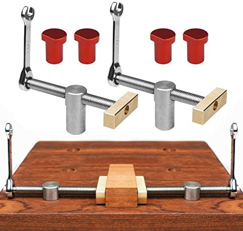 YWNYT 2 x Tisch-Werkbank-Klemme mit 4 Bankhunden, Holzbearbeitung, Schreibtisch-Clip, DIY-Positionierungsbankstopper und Schnellklemmen für 19 mm/20 mm große Hundelöcher (20 mm rot)