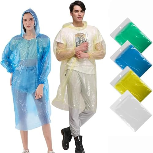 Gadom 4 Pack Rain Poncho Waterproof Adult, Emergency Rainponchos with Hoods and Sleeves for Men or Ladies, Plastic Raincoats Festival Accessories for Camping, Theme Parks, Travel