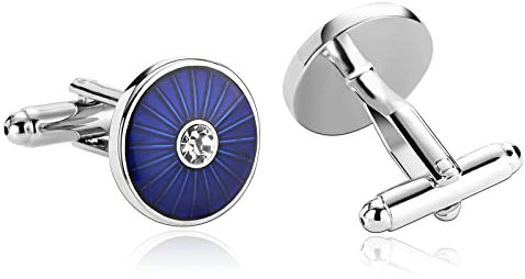 Whoiy Manschettenknöpfe Rund Blau, Herren-Manschettenknöpfe Edelstahl Hochzeit Manschettenknöpfe Zirkonia für Männer Kostenlose Gravur mit Schmuck Box