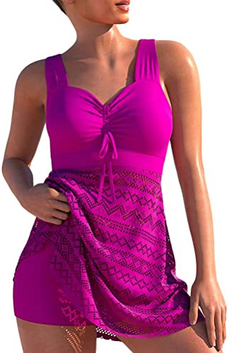 Tankini - Conjunto de vientre push up de 2 piezas de encaje recortado con Top Bikini Swimsuits con pantalones cortos de baño de gran tamaño, Rosa-1, M