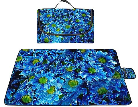 Picknickdecke 150x200cm,XXL Picknickdecke mit Wasserdichter Unterseite,Outdoor Stranddecke Sandfrei,mit Tragegriff Faltbare Picnic Blanket für Camping,Strand,Park,Familie,Konzerte Blaue Blumen