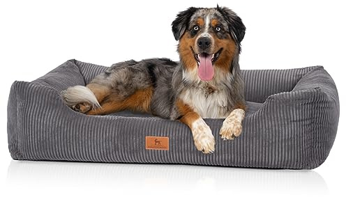 Knuffelwuff Hundebett aus Cord mit handgewebtem Charakter Olivia XL, 105 x 75 cm, grau, Abnehmbarer Bezug, waschbar, für große, mittlere und kleine Hunde