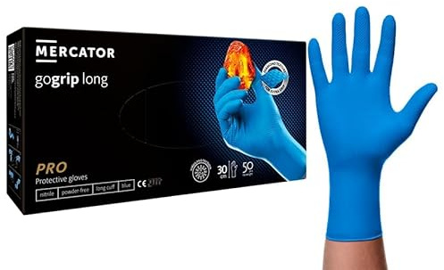 NAJDER MERCATOR GOGRIP Nitrilhandschuhe lang 30 cm Größe XXL / 50 Stück starker Griff, sehr langlebig, beständig gegen Fett und Öl, für Mechaniker, Lebensmittelarbeiter, blau