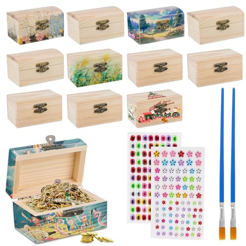 NTGRTY 10 pièces Mini coffre au trésor, DIY Petite boîte en bois avec couvercle, petites boîtes à trésor en bois Boîte au trésor pour anniversaire d'enfant avec autocollant diamant