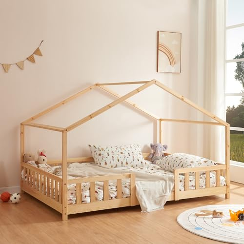 [en.casa] Letto per Cameretta a Forma di Casetta con Barriera di Protezione Letto Piazza e Mezza Montessori per Bambini Struttura in Legno di Pino 120 x 200 cm Naturale