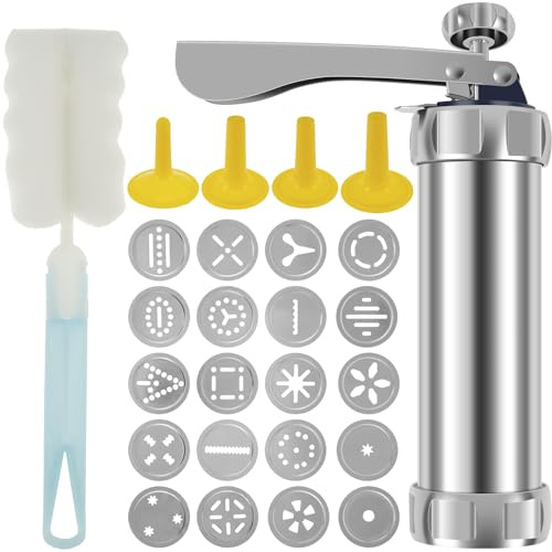Cookie Press Kit DIY Cookie Press Decorating Kit Detachable Cookie Decorating Press with 4 Icing Nozzles and 20 Cookie Molds Reusable Dessert Decorating Syringe Set Cookie Maker Press for Biscuits