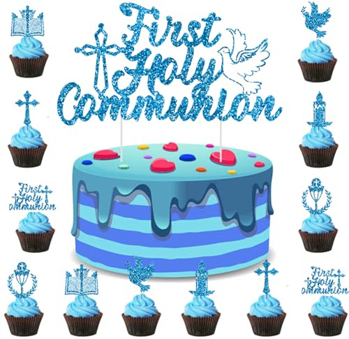 Volsha First Holy Communion Cake Topper Set: 1 Cake Topper, 12 Cupcake Toppers - Blue, Paper, 5cm x 1cm - Perfect for Communion, Confirmation, Baptism, Christening Parties