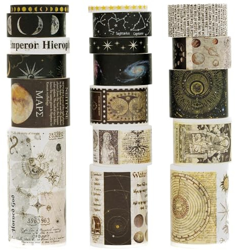 KAVI' S 18 rullar vintage washi-tejp pack retro konst självhäftande tejp bred monolog dekorativ maskeringstejp set för hantverk, barn, klippbok, gör-det-själv, presentförpackning (universum mjölkigt