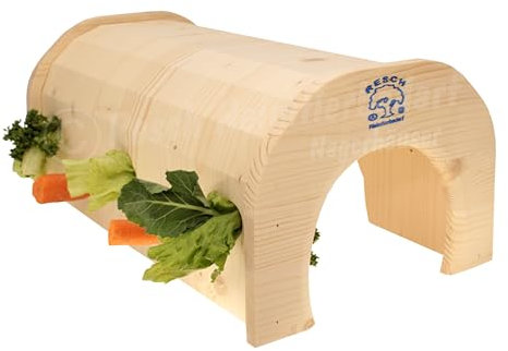 Resch Nr46 Futtertunnel naturbelassenes Massivholz aus Fichte/Mit 3 großen EIN-/ Ausgängen, eine Lochwand und Rundstäben zum stecken oder hängen von Snacks / 38,5 x 18,4 x 23,2 cm (LxHxB)