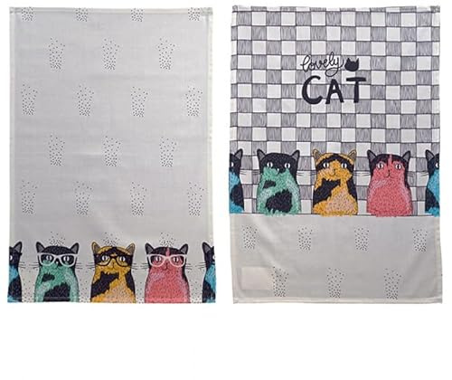 Raebel OHG 2er Set Geschirrtücher Küchentücher Trockentücher Topflappen Ofenhandschuhe Bedruckt mit Katzen Ecru bunt (2er Set Geschirrtücher)