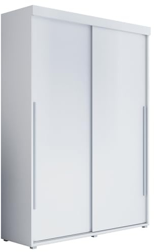 Meble Slupia Kleiderschrank Schiebetüren Slim - 110x202x46 cm - Schrank Schlafzimmer, Vorraum, Garderobe - Geteilte Tür, Kleiderstange, Ohne Spiegel - Holzwerkstoff, Silberner Griff, Weiß