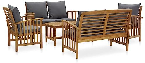 Willood 5-TLG. Gartenmöbel Garten-Lounge Set mit Auflagen Massivholz Akazie Lounge Stuhl Tisch Gartenset Sitzmöbel Sitzgruppe Gartenstuhl Beistelltisch Gartengarnitur Grau